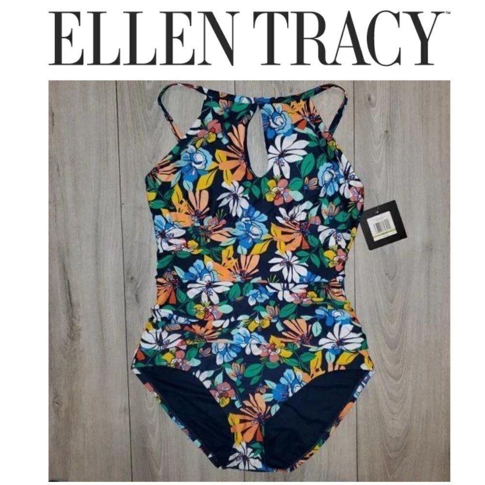 Ellen Tracy SZ 8 Navy Keyhole High-Neck Sw…